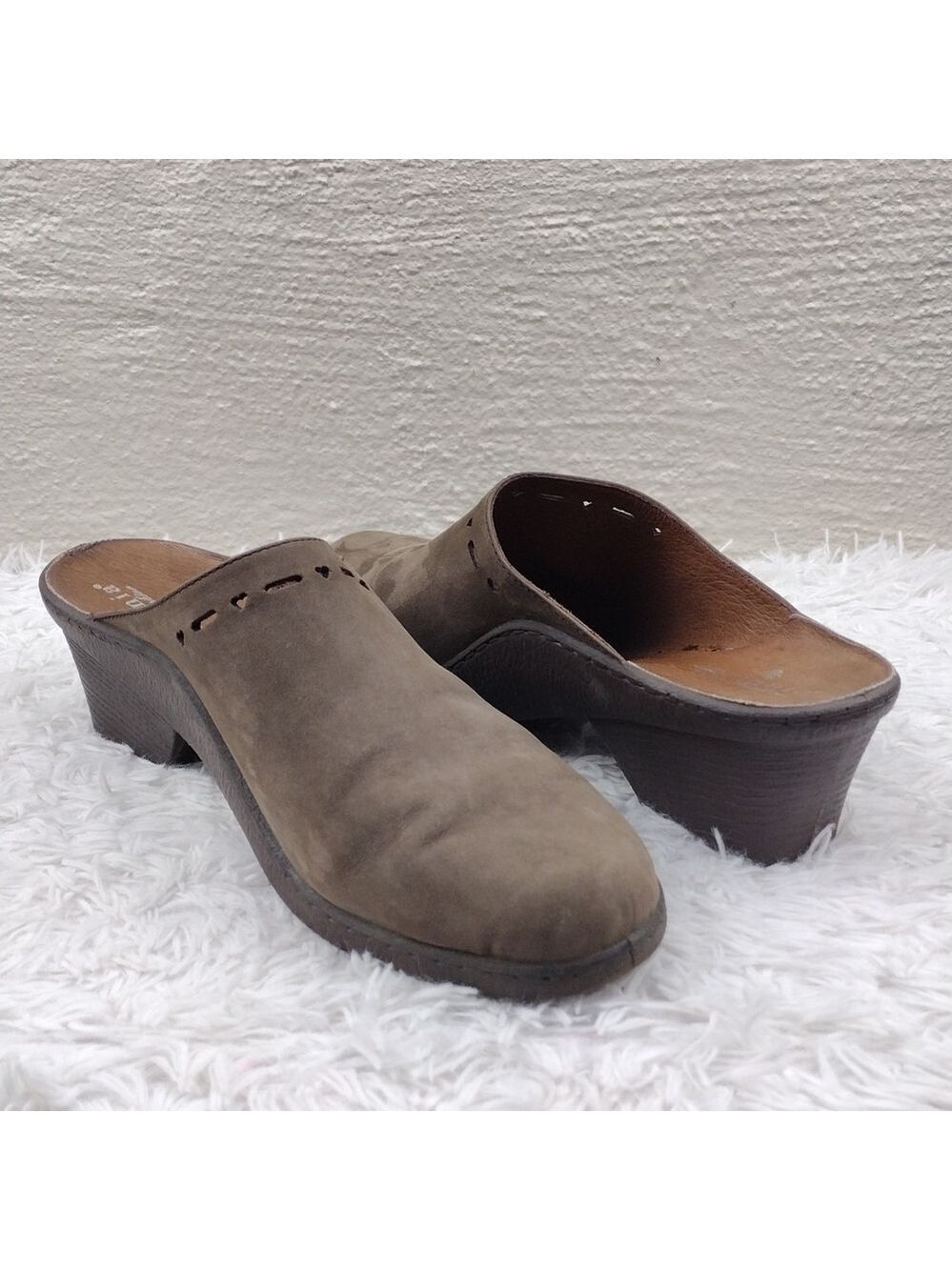 Portania Fit & Fashion Taupe Suede Leather Upper Block Heel Slip On Mule Shoe